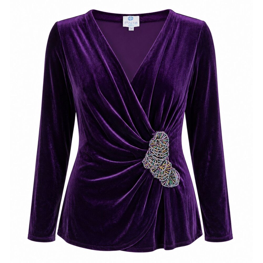Patra Woman 2X Purple Velvet Beaded Rhinestone Evening Top NWT 3521